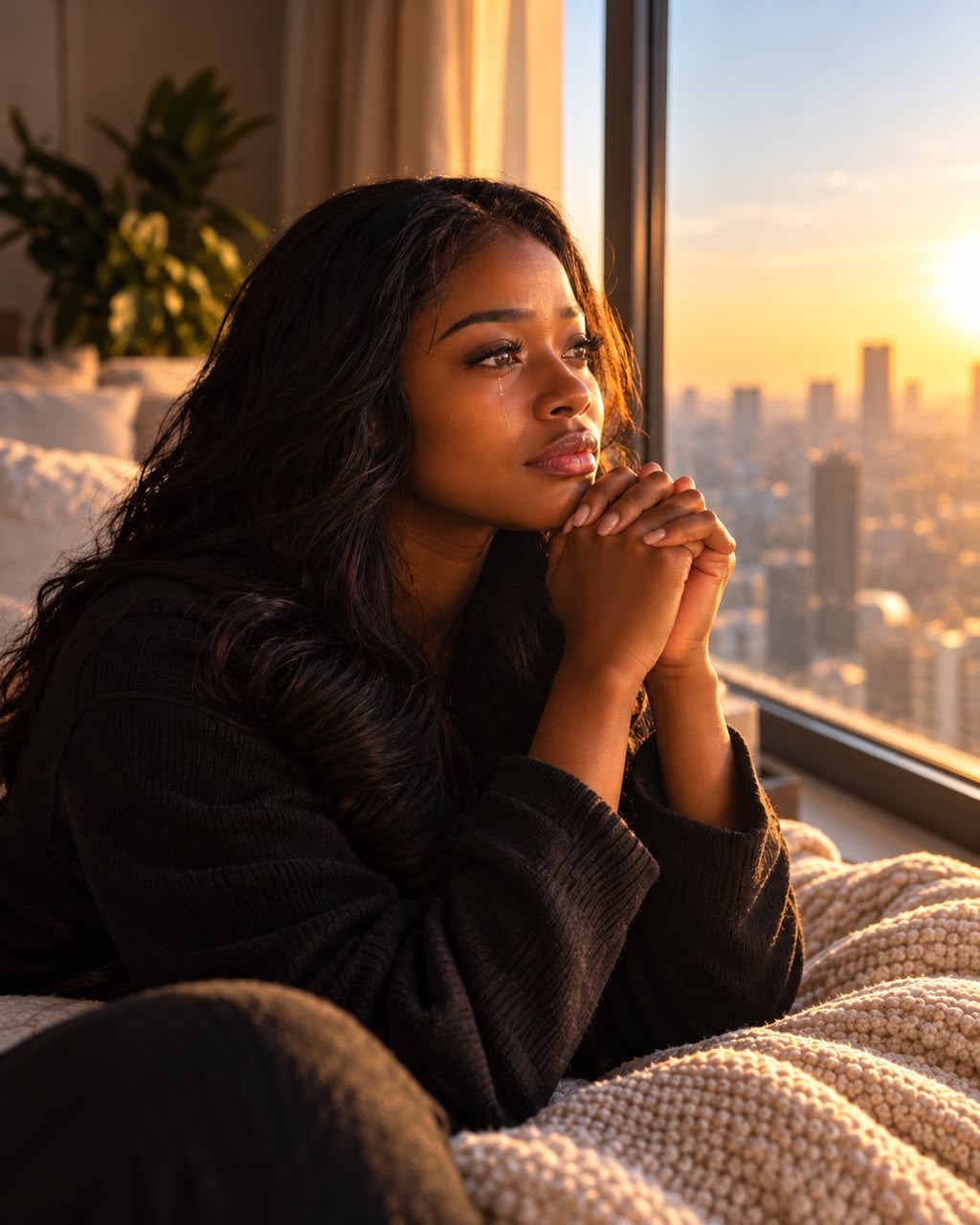 Black woman reflecting and praying by a window during a difficult emotional moment