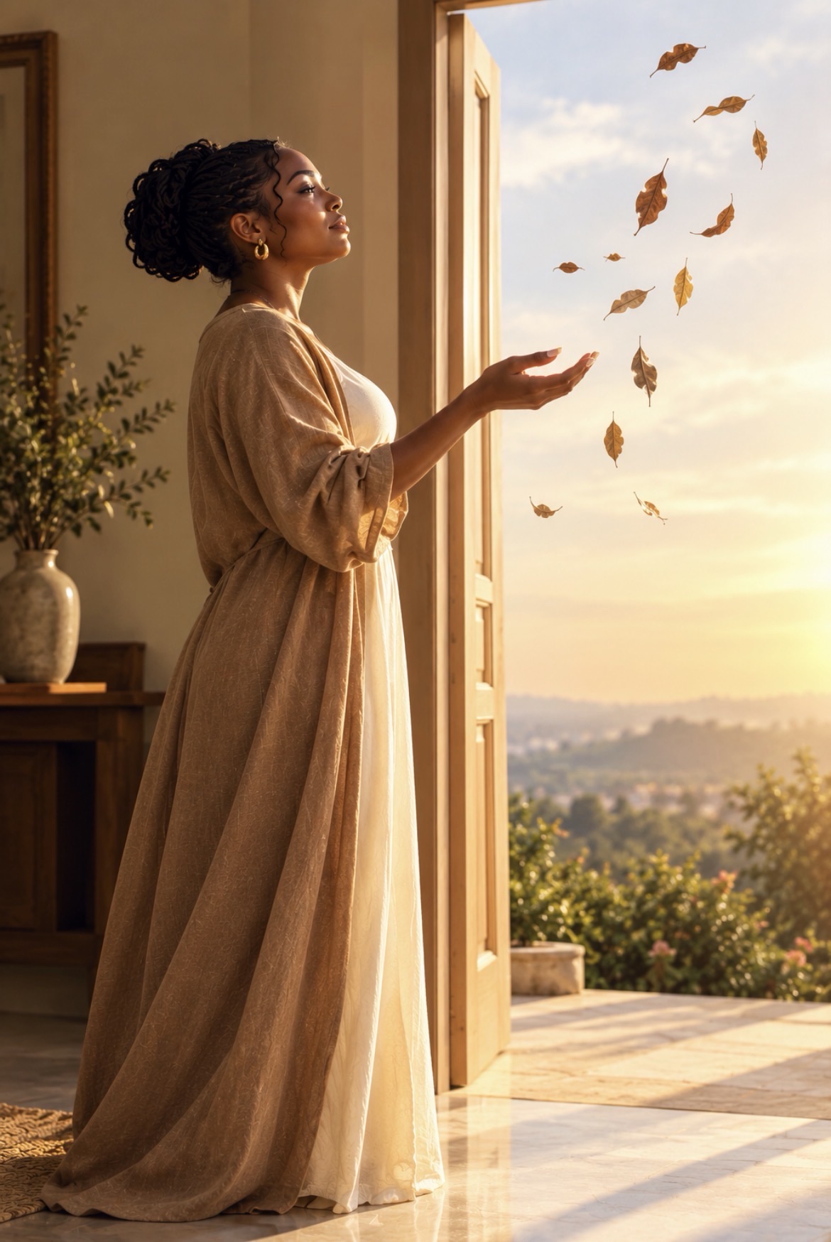 Black woman releasing leaves upward by an open doorway, symbolising letting go and choosing yourself