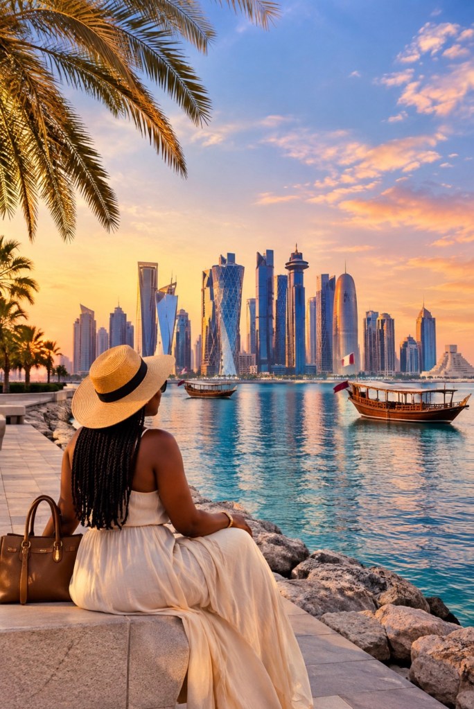 Doha, Qatar, skyline at sunset with traditional wooden boats on the waterfront and a woman looking towards the city