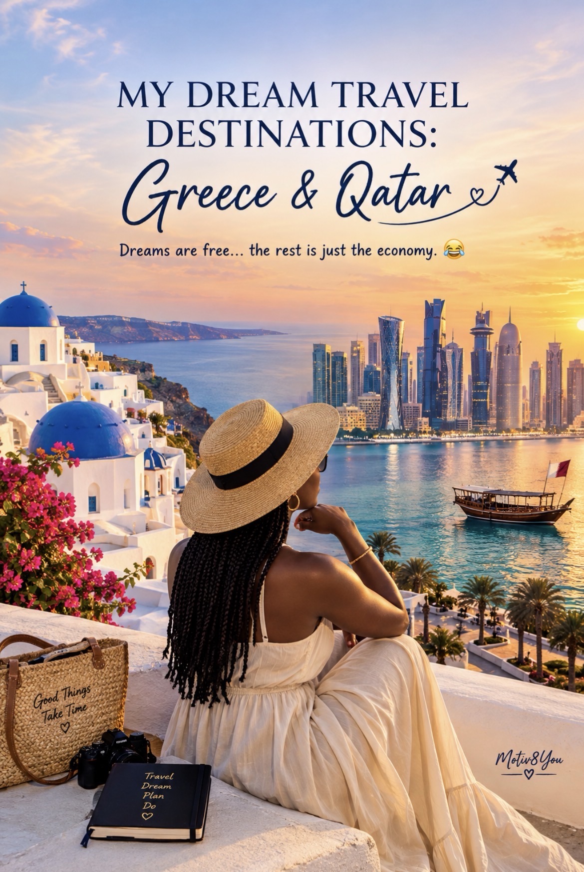 Dream travel destinations Greece and Qatar, featuring Santorini's white buildings and blue domes alongside Doha's modern skyline at sunset.