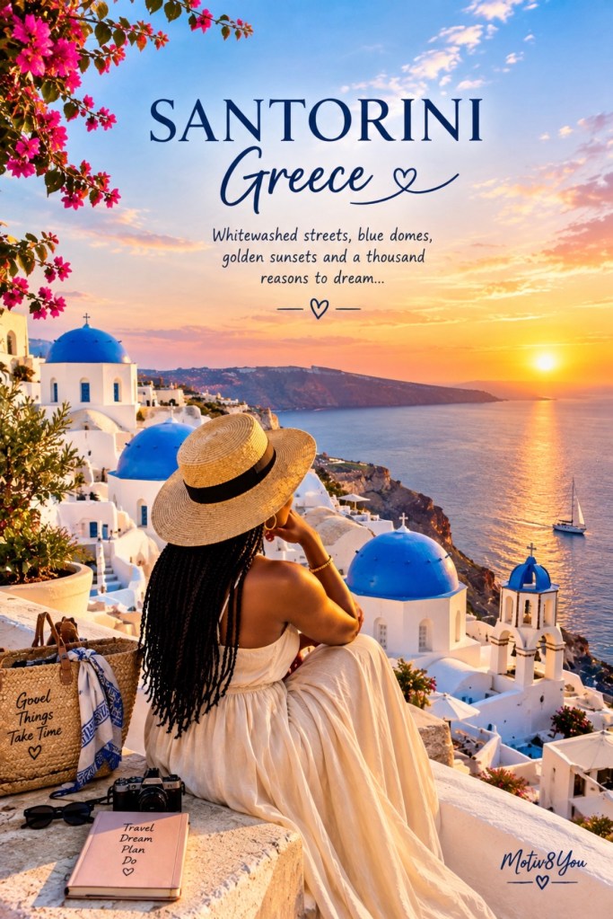 Santorini, Greece with whitewashed buildings, blue-domed churches, a golden sunset and a woman dreaming of visiting the island.